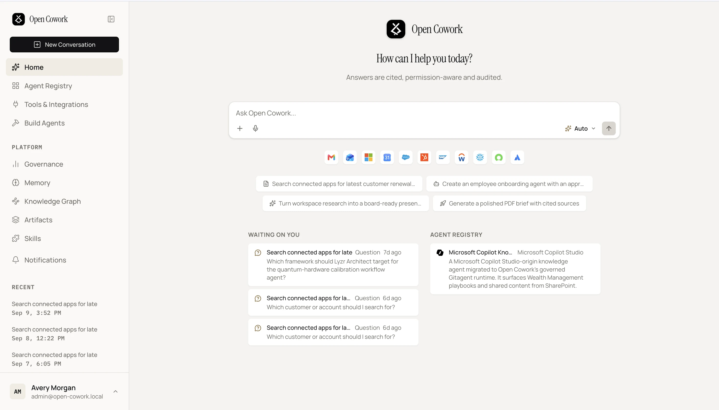 Open Cowork home screen